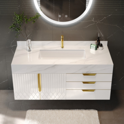 Aro 90 cm White Wall Mounted Bathroom Vanity Drawers Faux Marble Top - thumbnail 2
