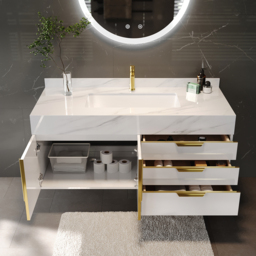 Aro 90 cm White Wall Mounted Bathroom Vanity Drawers Faux Marble Top - thumbnail 4