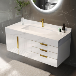 Aro 90 cm White Wall Mounted Bathroom Vanity Drawers Faux Marble Top - thumbnail 3