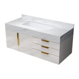 Aro 90 cm White Wall Mounted Bathroom Vanity Drawers Faux Marble Top - thumbnail 8