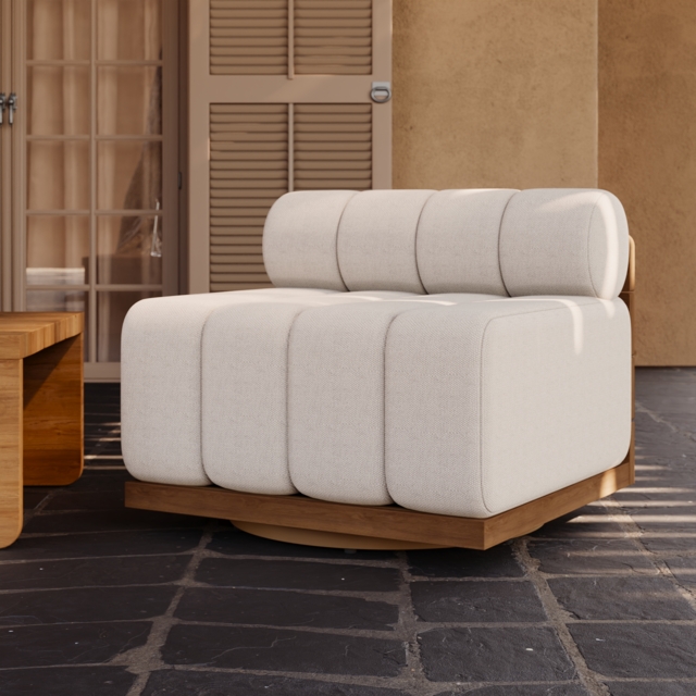 Outdoor Warm White Teak & Aluminium Swivel Lounge Chair Modern Patio Deep Seat Chair - image 1