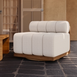 Outdoor Warm White Teak & Aluminium Swivel Lounge Chair Modern Patio Deep Seat Chair