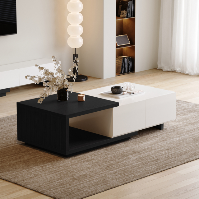 Quoint 1750mm Modern White & Black Coffee Table Retracted & Extendable with 2-Drawer - image 1