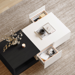 Quoint 1750mm Modern White & Black Coffee Table Retracted & Extendable with 2-Drawer - thumbnail 9