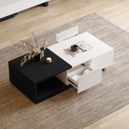 Quoint 1750mm Modern White & Black Coffee Table Retracted & Extendable with 2-Drawer - thumbnail 4