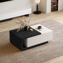 Quoint 1750mm Modern White & Black Coffee Table Retracted & Extendable with 2-Drawer - thumbnail 3