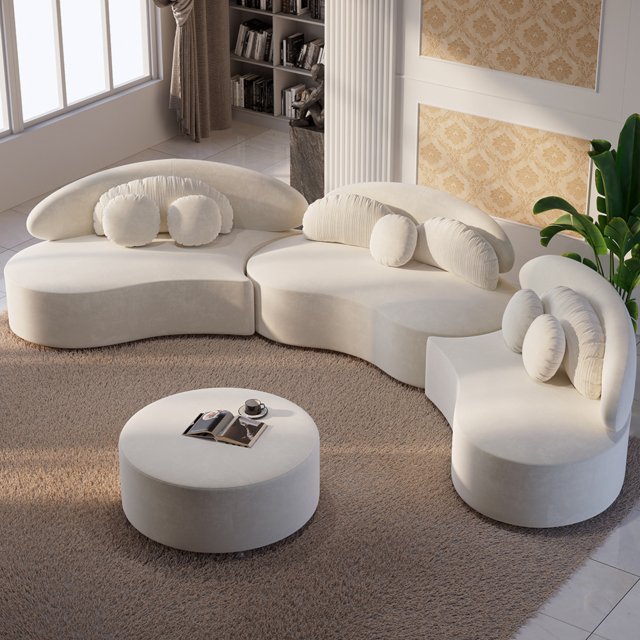 3700mm 4-Piece Curved Velvet Sectional Sofa with Ottoman & Pillows - image 1