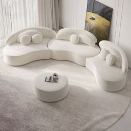 3700mm 4-Piece Curved Velvet Sectional Sofa with Ottoman & Pillows - thumbnail 4
