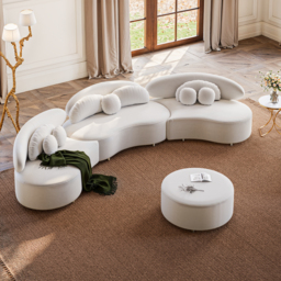3700mm 4-Piece Curved Velvet Sectional Sofa with Ottoman & Pillows - thumbnail 1