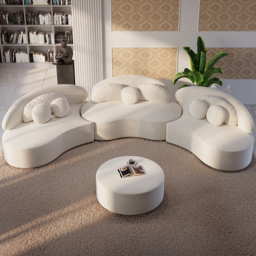 3700mm 4-Piece Curved Velvet Sectional Sofa with Ottoman & Pillows - thumbnail 3