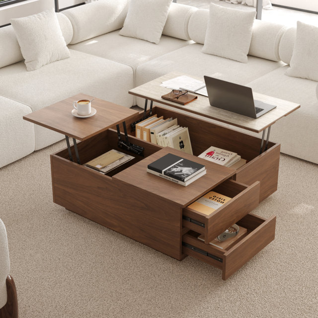 990mm Square Lift-Top Travertine Veneer Sintered Stone Coffee Table with Storage - image 1