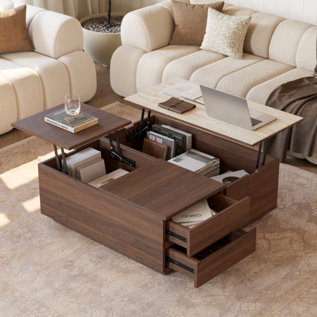 "39"" Square Lift-Top Travertine Veneer Sintered Stone Coffee Table with Storage" - image 1