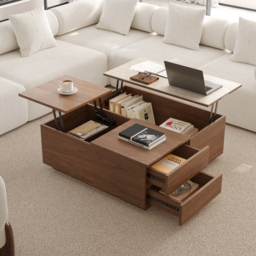 990mm Square Lift-Top Travertine Veneer Sintered Stone Coffee Table with Storage - thumbnail 1