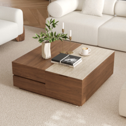 990mm Square Lift-Top Travertine Veneer Sintered Stone Coffee Table with Storage - thumbnail 3