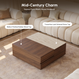 "39"" Square Lift-Top Travertine Veneer Sintered Stone Coffee Table with Storage" - thumbnail 9