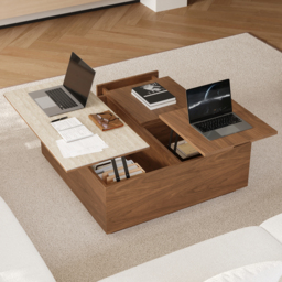 990mm Square Lift-Top Travertine Veneer Sintered Stone Coffee Table with Storage - thumbnail 2