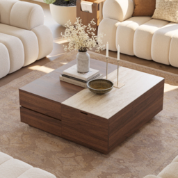 "39"" Square Lift-Top Travertine Veneer Sintered Stone Coffee Table with Storage" - thumbnail 2