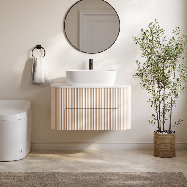 800mm Whitewash Fluted Bathroom Vanity with Vessel Sink – Wall-Mounted Floating Design - image 1