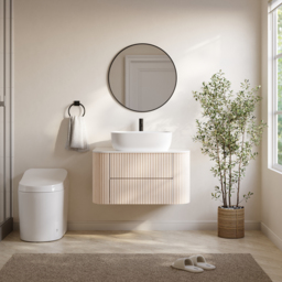 800mm Whitewash Fluted Bathroom Vanity with Vessel Sink – Wall-Mounted Floating Design - thumbnail 4