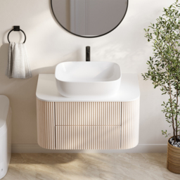 800mm Whitewash Fluted Bathroom Vanity with Vessel Sink – Wall-Mounted Floating Design - thumbnail 2