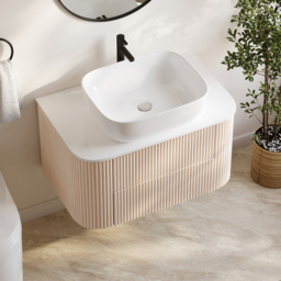 800mm Whitewash Fluted Bathroom Vanity with Vessel Sink – Wall-Mounted Floating Design - thumbnail 3