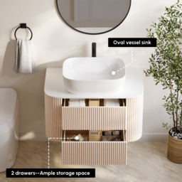 800mm Whitewash Fluted Bathroom Vanity with Vessel Sink – Wall-Mounted Floating Design - thumbnail 5