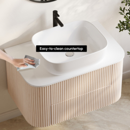 800mm Whitewash Fluted Bathroom Vanity with Vessel Sink – Wall-Mounted Floating Design - thumbnail 6