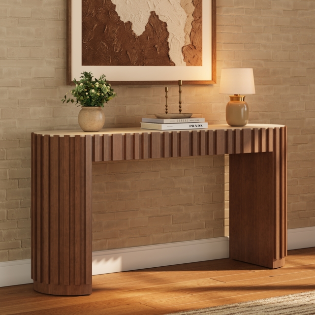 "Aura 60"" Ash Wood Fluted Walnut Console Table With Sintered Stone Top" - image 1