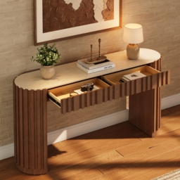 "Aura 60"" Ash Wood Fluted Walnut Console Table With Sintered Stone Top" - thumbnail 4