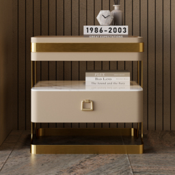 Modern Tempered Glass Bedside Table with Sintered Stone Shelf Bedside Table with Drawer