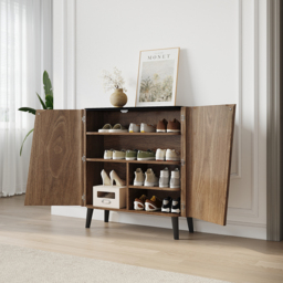 Walnut Hallway Shoe Storage Cabinet with 2-Door 5 Shelves for 14 Pairs Shoes - thumbnail 3
