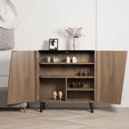 Walnut Hallway Shoe Storage Cabinet with 2-Door 5 Shelves for 14 Pairs Shoes - thumbnail 4
