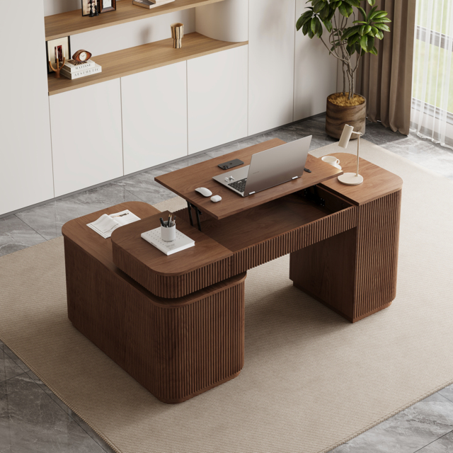 Modern 164 cm L-Shape Walnut Executive Lift-Top Desk with Drawers & Cabinet, Right Hand - image 1