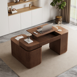 "Modern 65"" L-Shape Walnut Executive Desk with Lift-Top, Drawers & Cabinet, Right Hand"