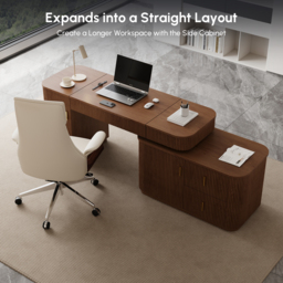 "Modern 65"" L-Shape Walnut Executive Desk with Lift-Top, Drawers & Cabinet, Right Hand" - thumbnail 8