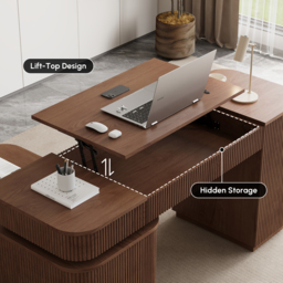 Modern 164 cm L-Shape Walnut Executive Lift-Top Desk with Drawers & Cabinet, Right Hand - thumbnail 8