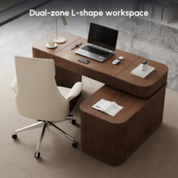"Modern 65"" L-Shape Walnut Executive Desk with Lift-Top, Drawers & Cabinet, Right Hand" - thumbnail 9