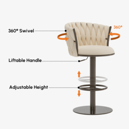 Sweave Off White Swivel Bar Stools Velvet Curved Back Adjustable Height Set of 2 - thumbnail 7