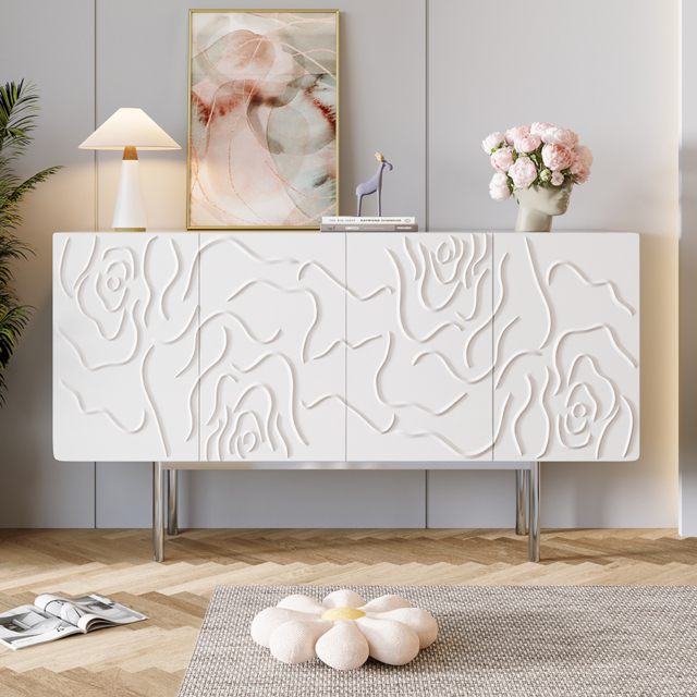 1500mm White Sideboard Buffet with Doors Modern Carved Credenza Adjustable Shelves - image 1
