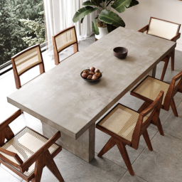1800mm Concrete Gray Wooden Dining Table & 6 Walnut Japandi Rattan Dining Chairs - thumbnail 1