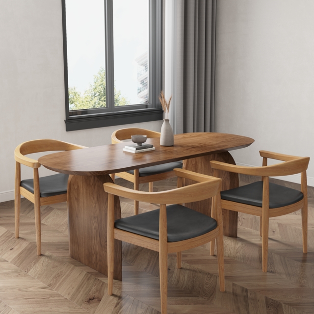 Oval Dining Table & Curved Back 4 Dining Chairs Upholstered Leather Solid Wood Top - image 1