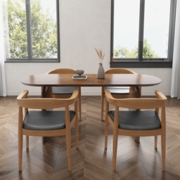Oval Dining Table & Curved Back 4 Dining Chairs Upholstered Leather Solid Wood Top - thumbnail 3
