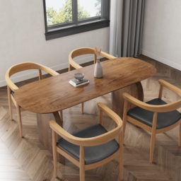 Oval Dining Table & Curved Back 4 Dining Chairs Upholstered Leather Solid Wood Top - thumbnail 2