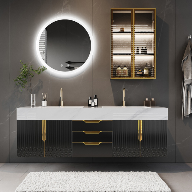 150 cm Bathroom Vanity Wall Mounted Cultured Marble Top with Double Sink Drawers Black - image 1