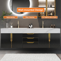 150 cm Bathroom Vanity Wall Mounted Cultured Marble Top with Double Sink Drawers Black - thumbnail 5