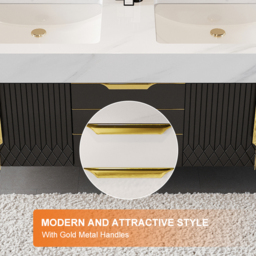 150 cm Bathroom Vanity Wall Mounted Cultured Marble Top with Double Sink Drawers Black - thumbnail 8