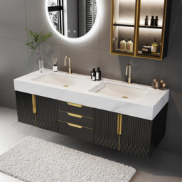 150 cm Bathroom Vanity Wall Mounted Cultured Marble Top with Double Sink Drawers Black - thumbnail 9
