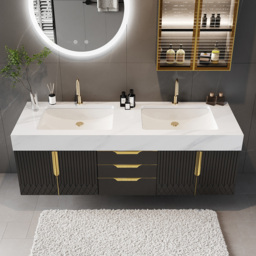 150 cm Bathroom Vanity Wall Mounted Cultured Marble Top with Double Sink Drawers Black - thumbnail 2