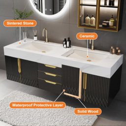 150 cm Bathroom Vanity Wall Mounted Cultured Marble Top with Double Sink Drawers Black - thumbnail 3
