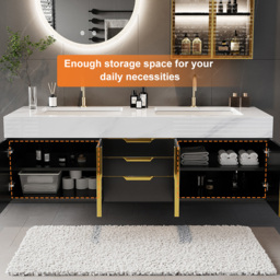 150 cm Bathroom Vanity Wall Mounted Cultured Marble Top with Double Sink Drawers Black - thumbnail 4